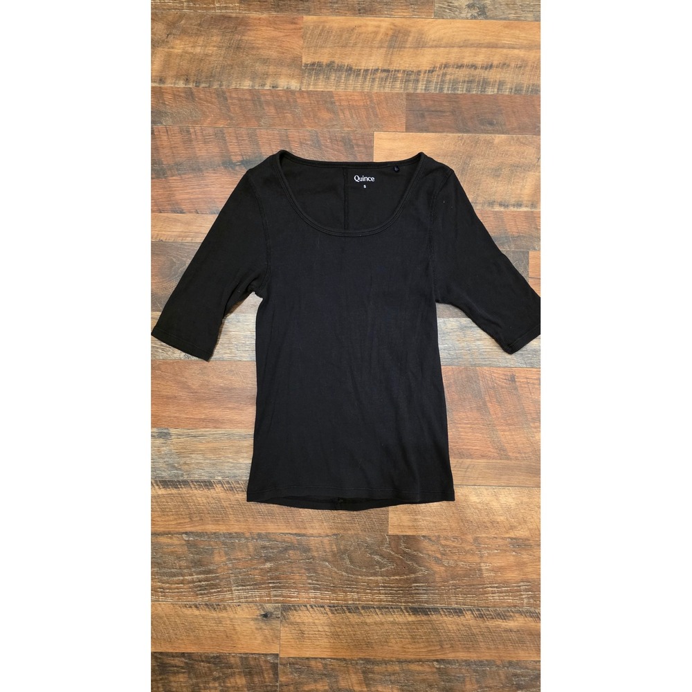 Quince Organic Cotton Black Ribbed Scoop Neck Elbow Sleeve Top Sz Sm Minimalist